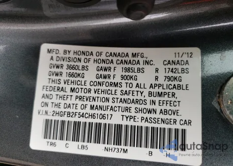 2012 Honda Civic Lx z USA, uszkodzony, nr VIN 2HGFB2F54CH610617